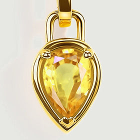 A front close-up reveals the pear-shaped citrine, gold plated setting, and pointed lower prong.
