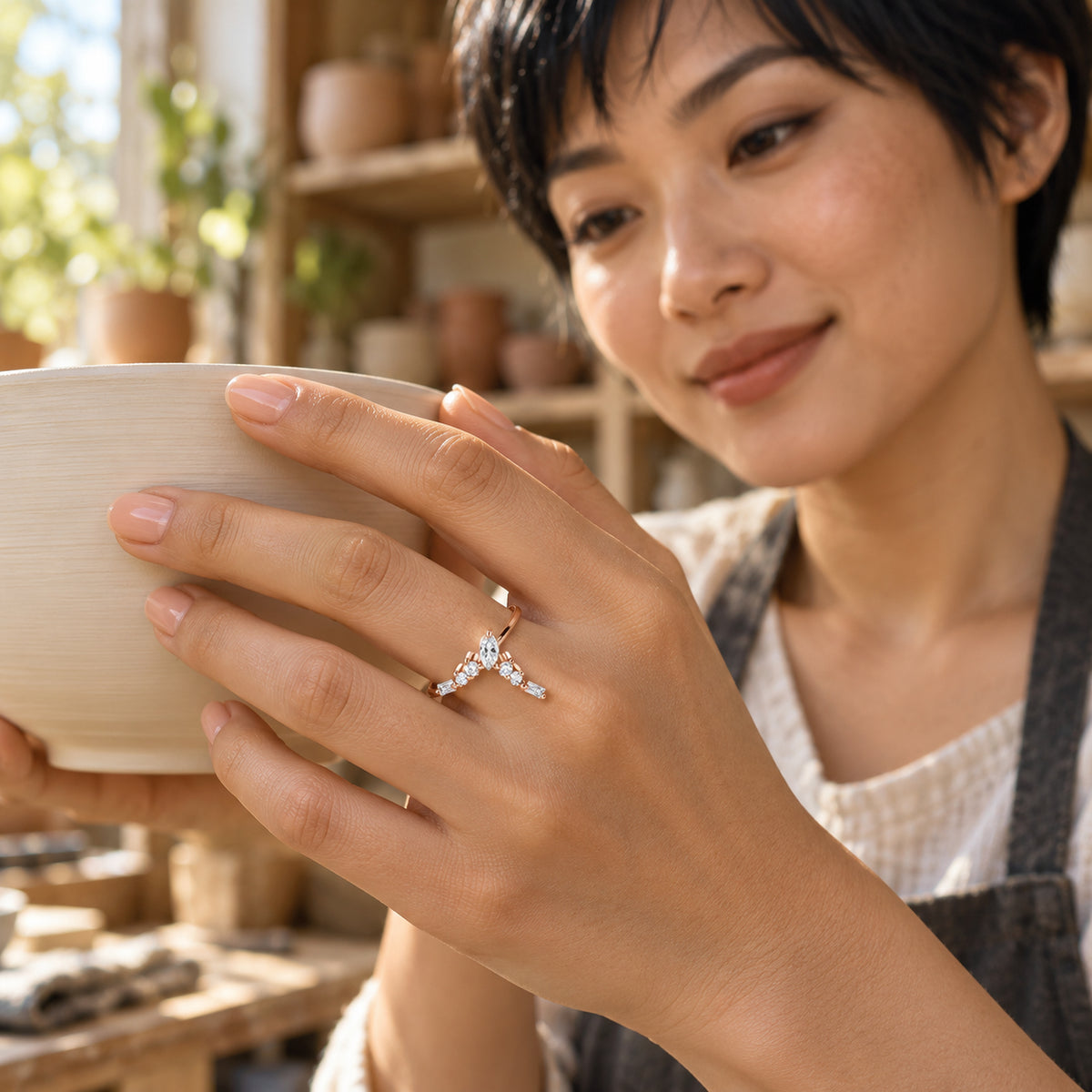 A hand wearing the rose gold ring holds an ivory bowl in a sunlit pottery studio.