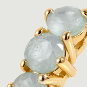 Round pale blue aquamarines and curved yellow gold-toned prongs fill the close-up.
