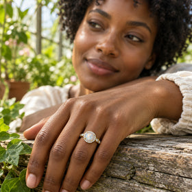 A yellow gold moonstone ring is worn on a hand resting on a weathered wooden ledge among green plants.