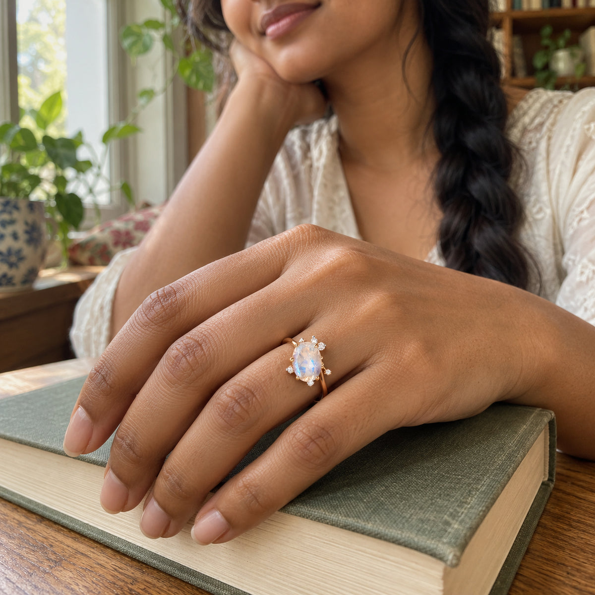 The rose gold moonstone ring is worn on a hand resting on a green clothbound book beside a sunlit window.