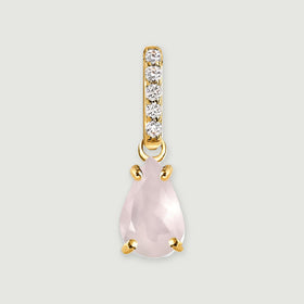A pear-shaped pink rose quartz pendant hangs beneath a row of five clear stones in yellow gold on a light gray background.
