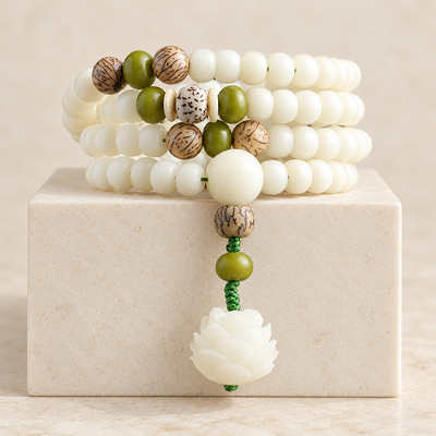 White Bodhi Seed Lotus Mala, 108 Beads – Harmony