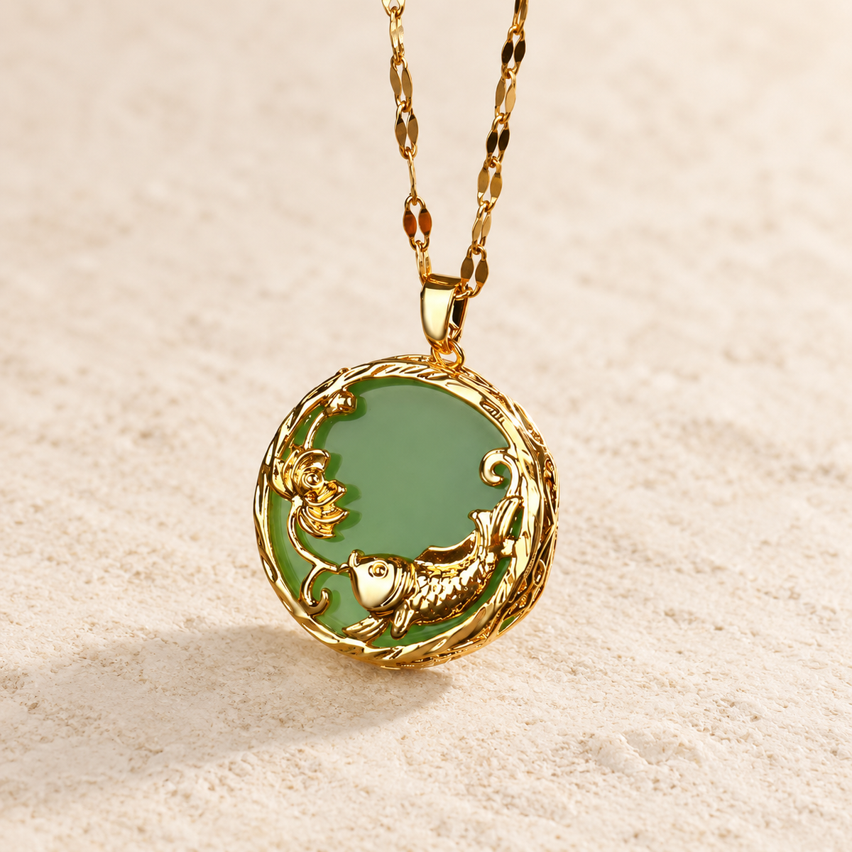 Green koi-and-lotus pendant with gold-tone frame; AI-edited draft reference.