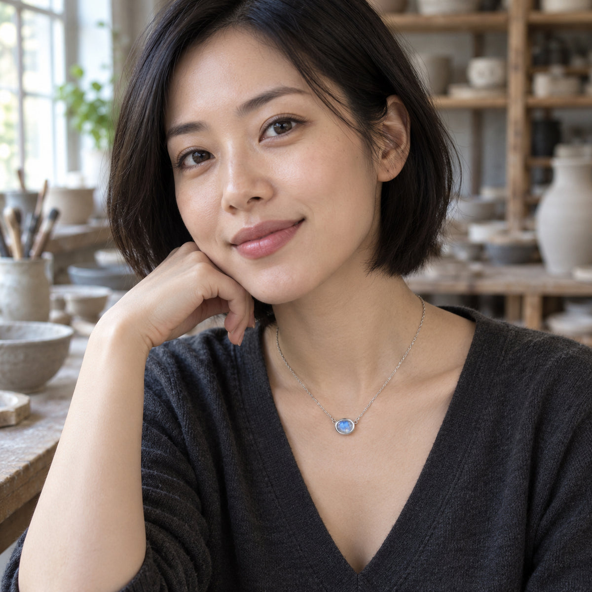 A woman with a dark bob wears a silver-colored moonstone necklace above a charcoal V-neck top in a pottery workshop.