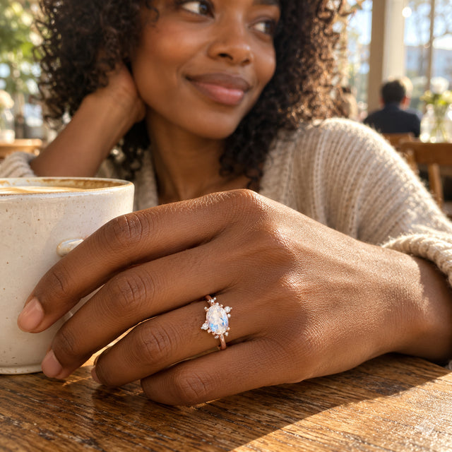 A woman with curly hair wears the rose gold moonstone ring beside a ceramic cup in a sunlit cafe.