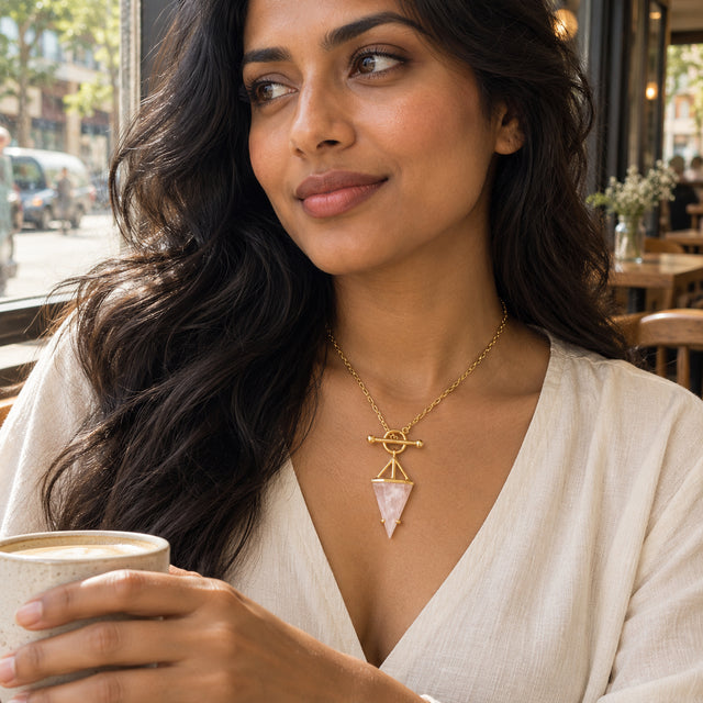 The yellow gold rose quartz necklace rests above a cream blouse as a woman holds a cup beside a cafe window.