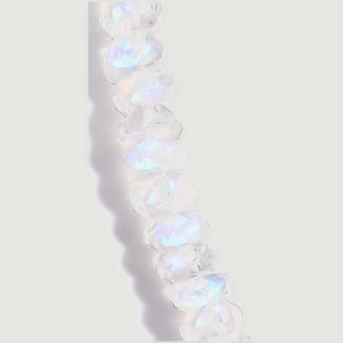 Translucent faceted moonstone beads show pale blue highlights along a short curved section.