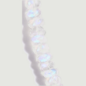 Translucent faceted moonstone beads show pale blue highlights along a short curved section.