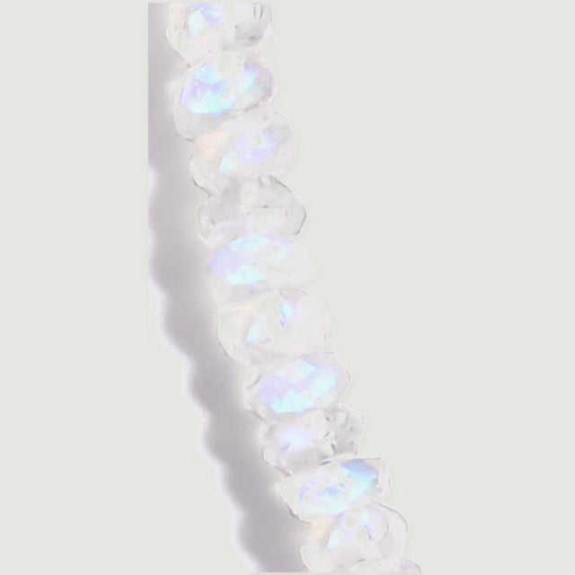 Translucent faceted moonstone beads show pale blue highlights along a short curved section.