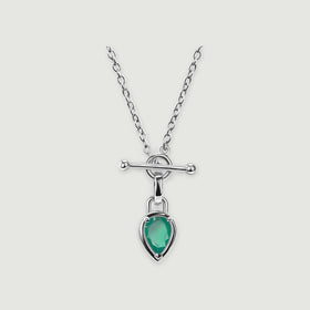 A white rhodium plated chain frames a green pear-shaped pendant beneath a silver-toned bar clasp.