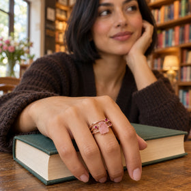 A rose gold vermeil ring with pink rose quartz and ruby accents is worn on a hand resting on a green book.
