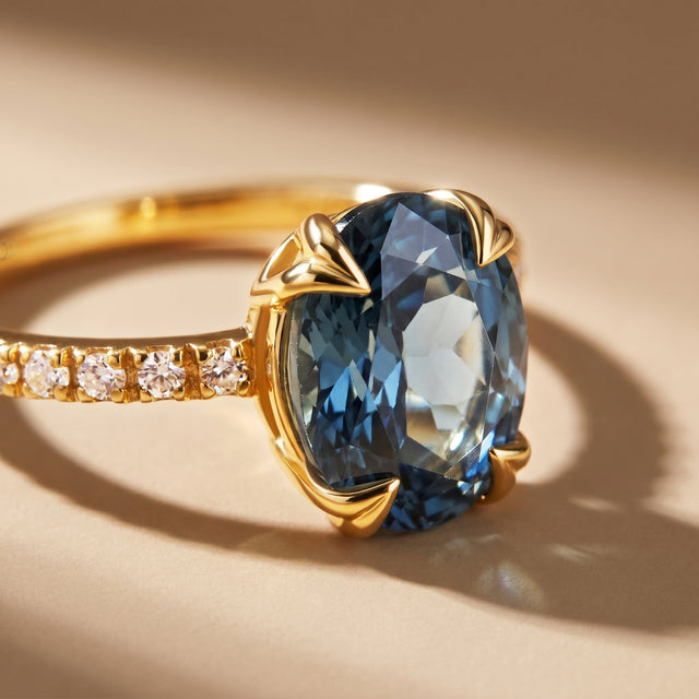 The oval blue grey gemstone and yellow gold claws are shown in close detail on a warm beige tabletop.