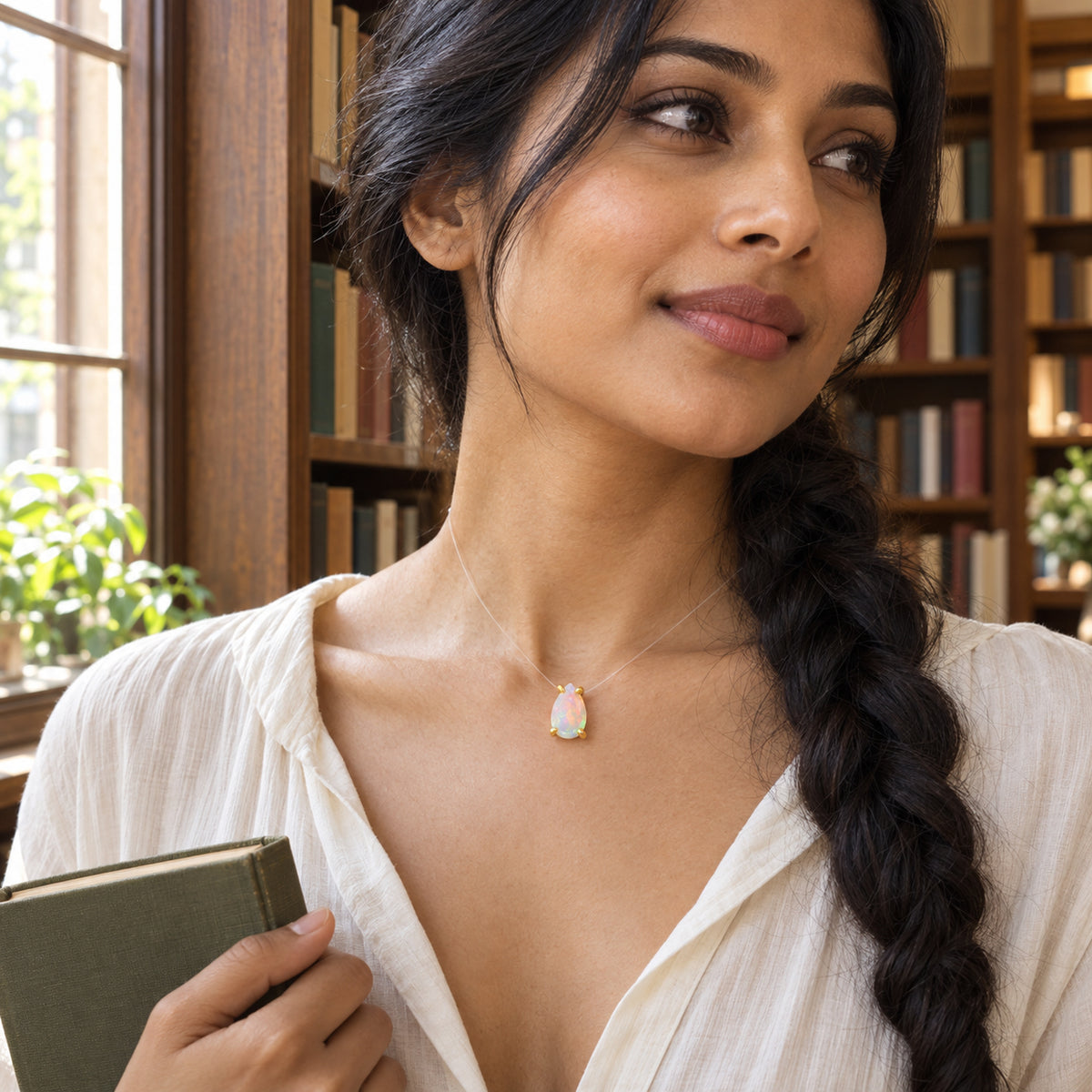 A woman with a long dark braid wears an opal held by yellow gold prongs while holding a green book near wooden shelves.