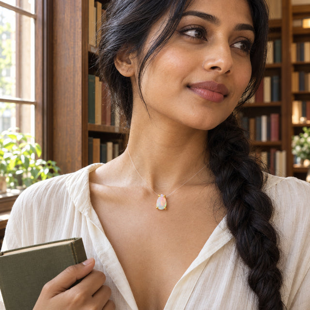 A woman with a long dark braid wears an opal held by yellow gold prongs while holding a green book near wooden shelves.