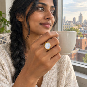 A woman holds a cream mug by a window while wearing a yellow gold vermeil moonstone ring.