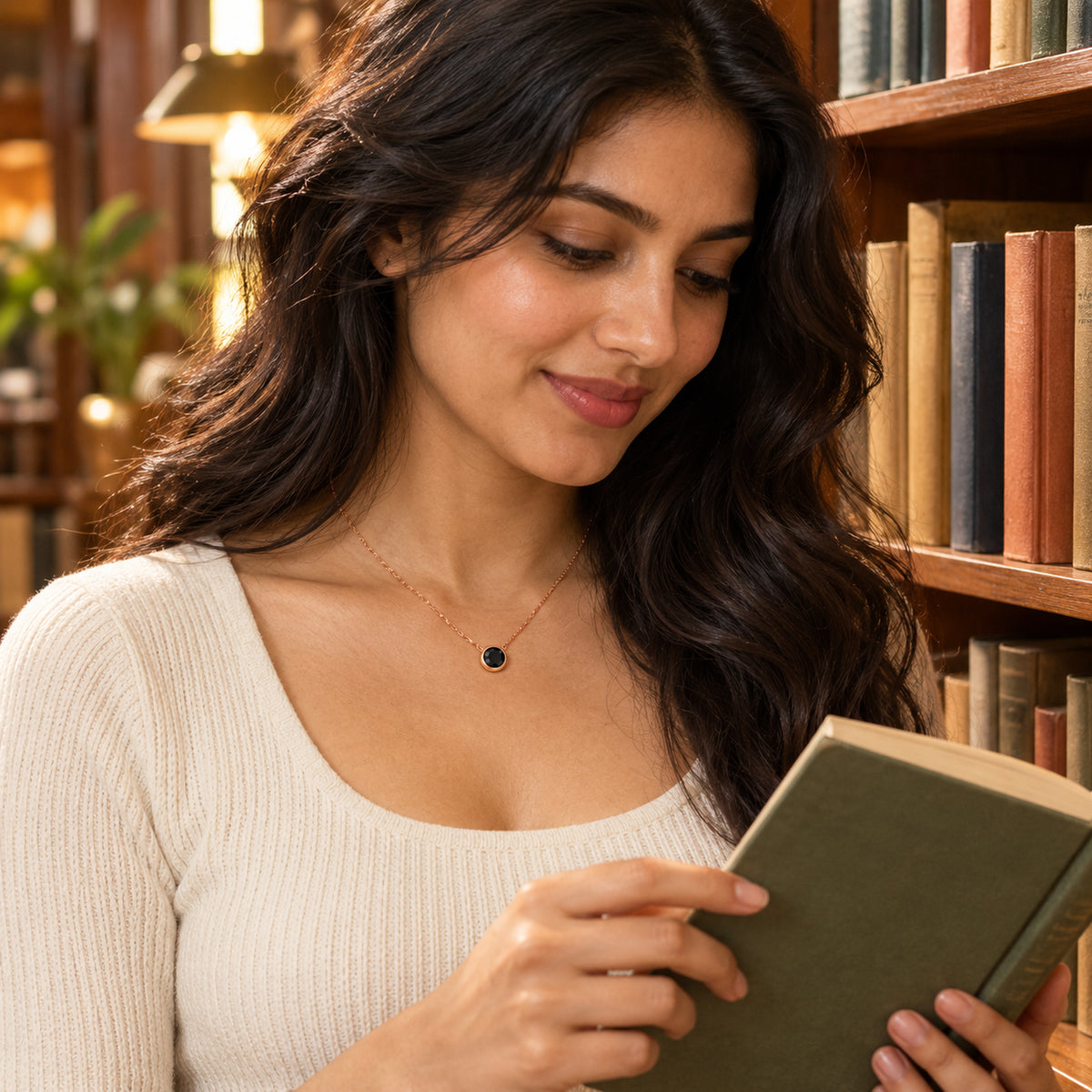 A woman holding an open book wears the rose gold black onyx necklace in a wooden bookshop.