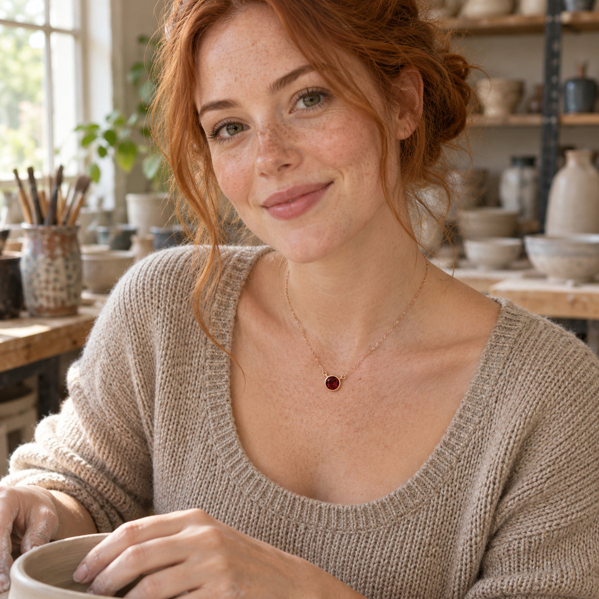 A red-haired woman wears the rose gold garnet necklace above an oat-colored sweater while holding a ceramic bowl in a pottery studio.