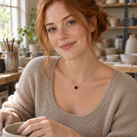 A red-haired woman wears the rose gold garnet necklace above an oat-colored sweater while holding a ceramic bowl in a pottery studio.