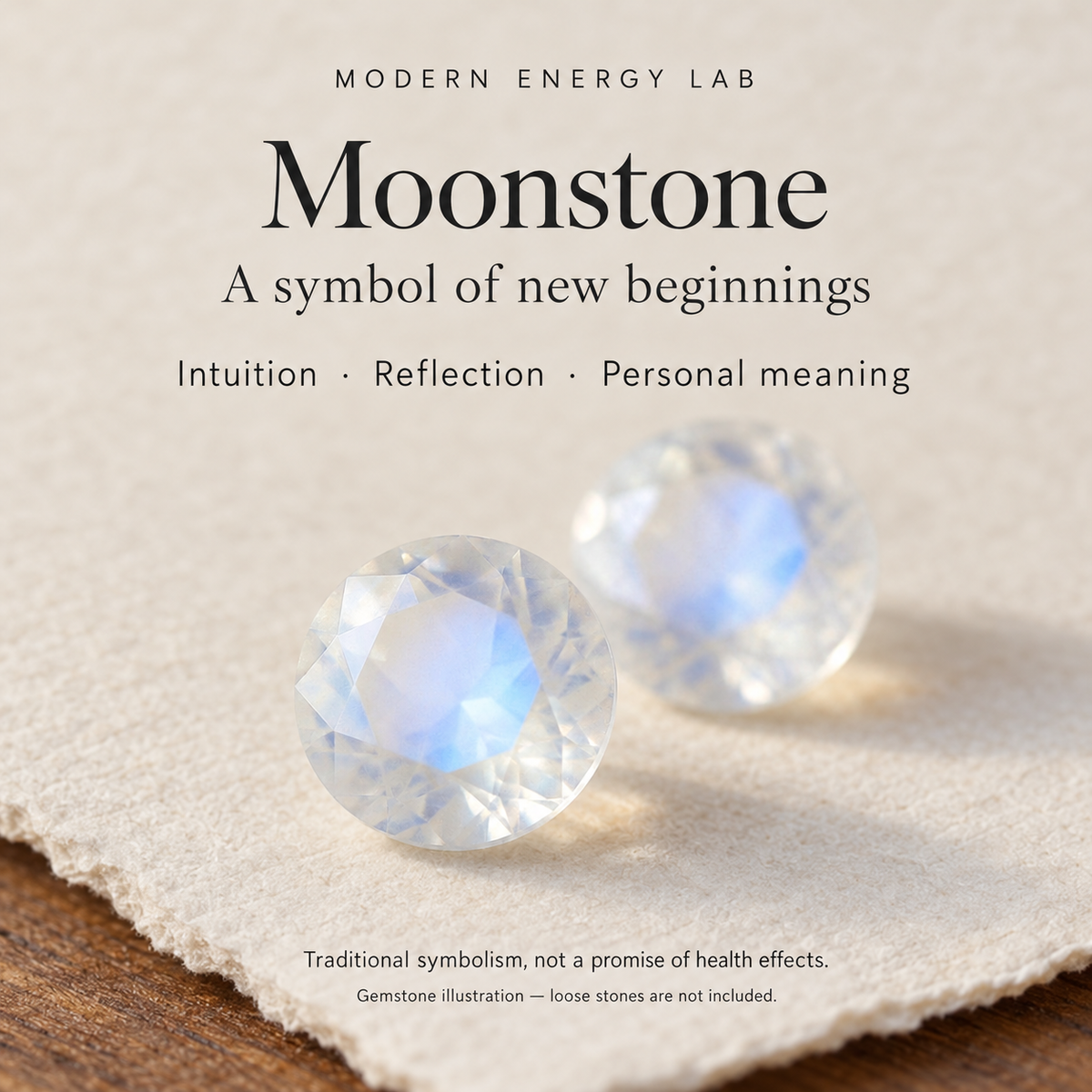 Modern Energy Lab moonstone symbolism guide: intuition, reflection and new beginnings; loose gemstone illustration, not included with the bracelet.
