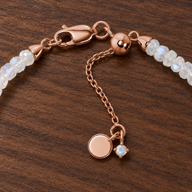 Lunar Tide rainbow moonstone bracelet, rose gold vermeil detail view. One bracelet; photo props not included.