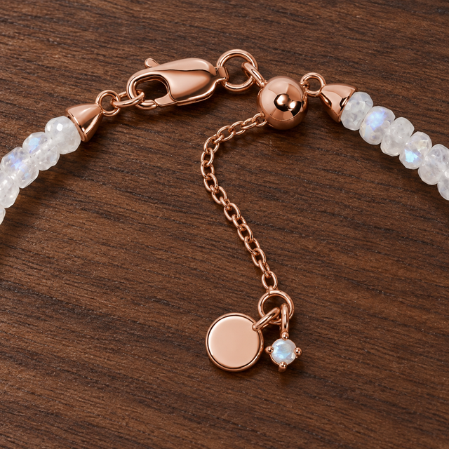 Lunar Tide rainbow moonstone bracelet, rose gold vermeil detail view. One bracelet; photo props not included.