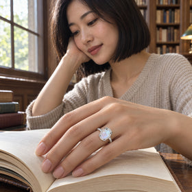 A silver moonstone ring is worn on a hand resting on an open book beside a library window.