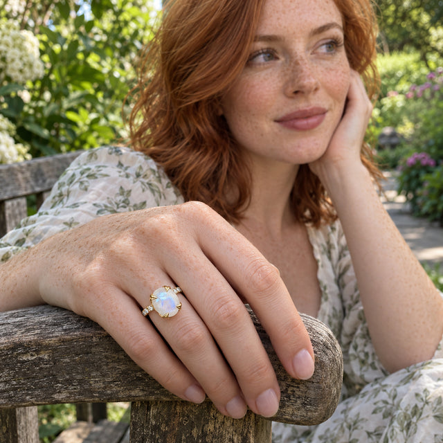 A yellow gold vermeil moonstone ring is shown on a freckled hand resting on a wooden garden bench.