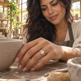 A rose gold vermeil moonstone ring is worn on a hand resting beside an unglazed bowl in a ceramics workshop.