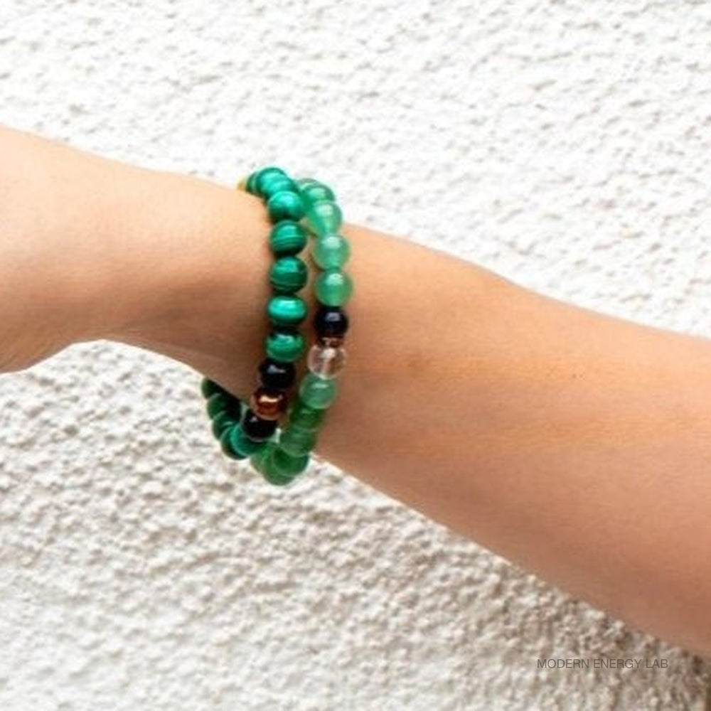 Two malachite and citrine bead bracelets worn on a wrist beside a textured wall.