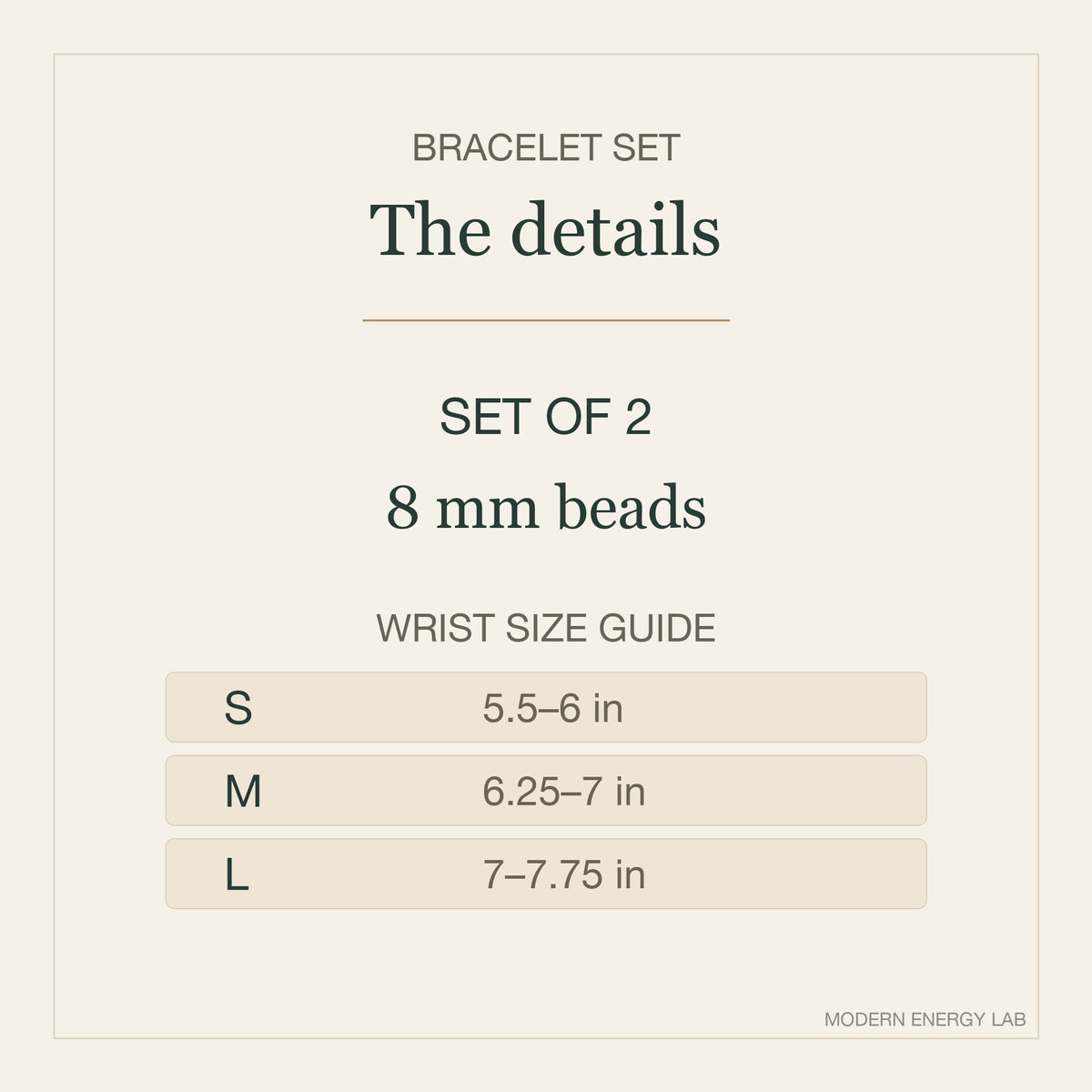 Set of two bracelet details with 8 mm beads and S, M and L wrist size ranges.