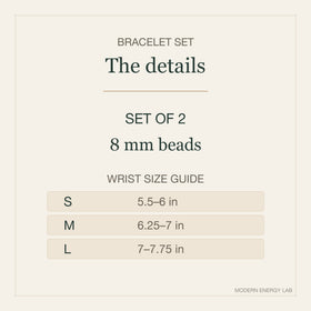 Set of two bracelet details with 8 mm beads and S, M and L wrist size ranges.