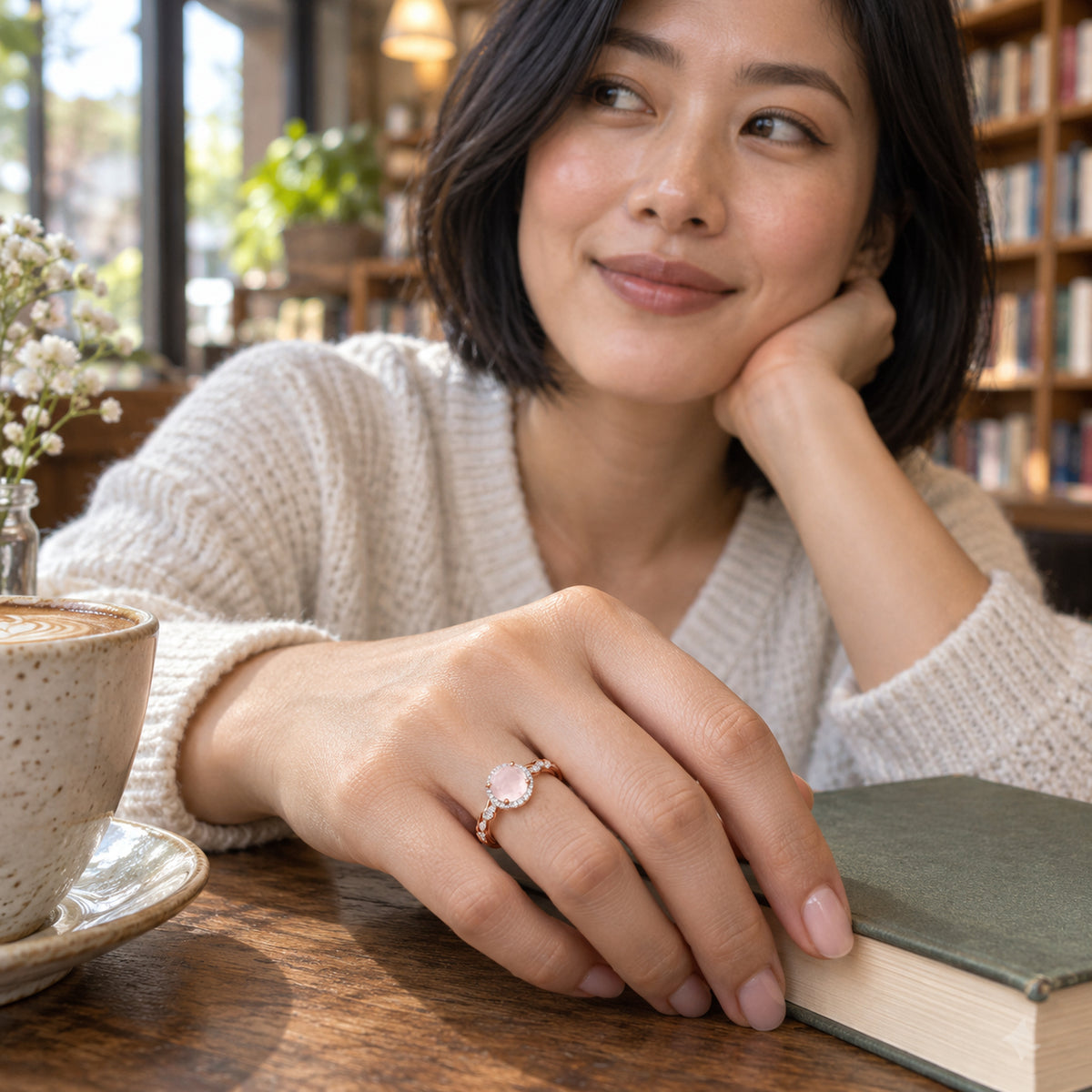 A hand wearing the pink-stone rose gold ring rests beside a closed book and a ceramic coffee cup in a cafe.