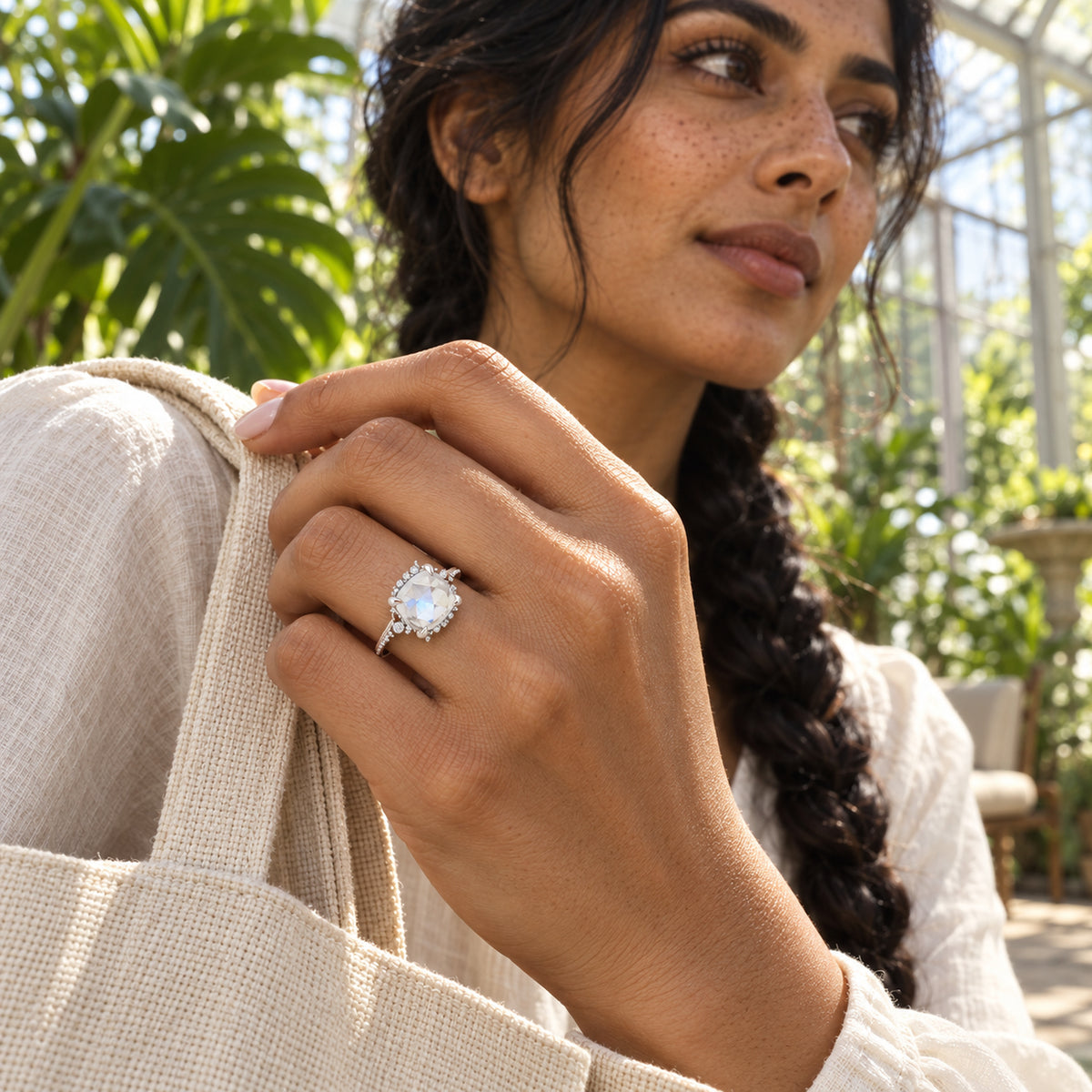 A white gold moonstone ring catches the sunlight on a hand holding a woven tote in a leafy conservatory.