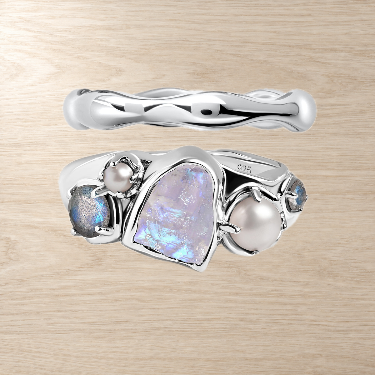 Mist Moonstone & Pearl Ring Set of 2 — Femininity — Modern Energy Lab product view