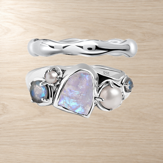 Mist Moonstone & Pearl Ring Set of 2 — Femininity — Modern Energy Lab product view