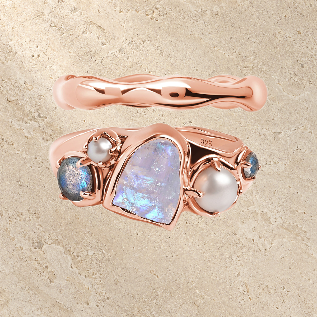 Mist Moonstone & Pearl Ring Set of 2 — Femininity — Modern Energy Lab product view