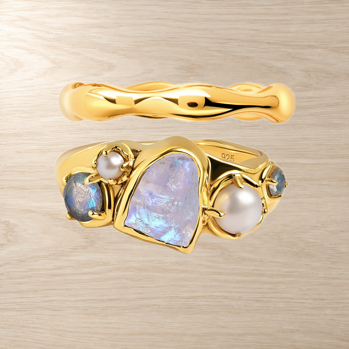 Mist Moonstone & Pearl Ring Set of 2 — Femininity — Modern Energy Lab product view