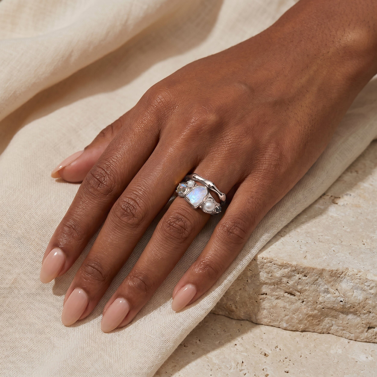 Mist Moonstone & Pearl Ring Set of 2 — Femininity — Modern Energy Lab product view
