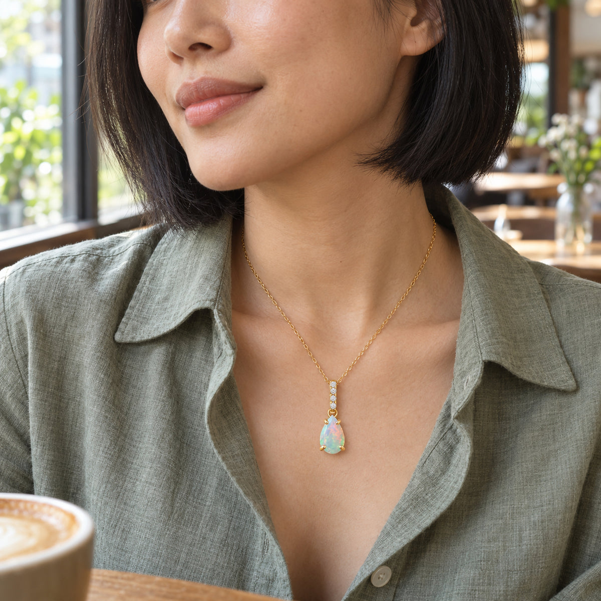 A woman in a sage linen shirt wears the yellow gold opal necklace beside a cafe window.
