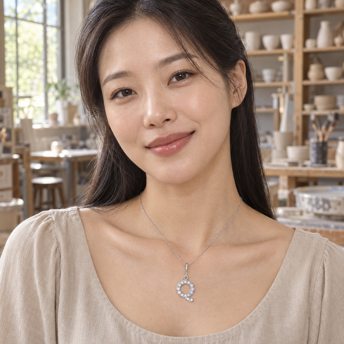 A silver Q pendant with pale stones hangs above a beige blouse in a pottery studio.