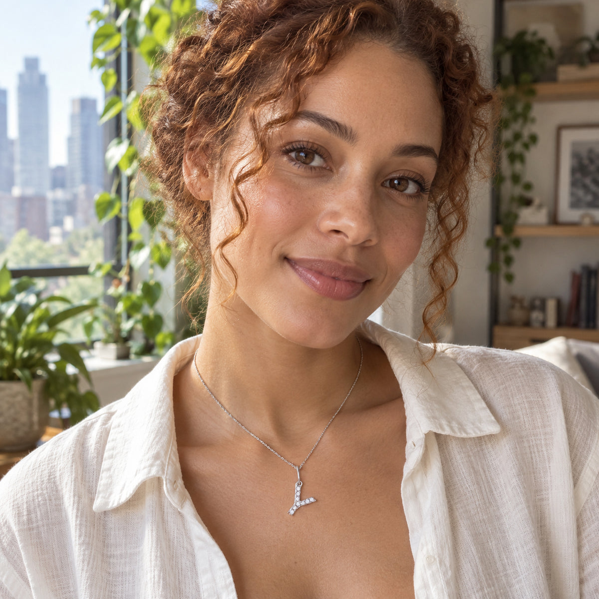 A small silver Y pendant rests below an open white linen collar beside a window with trailing indoor plants.