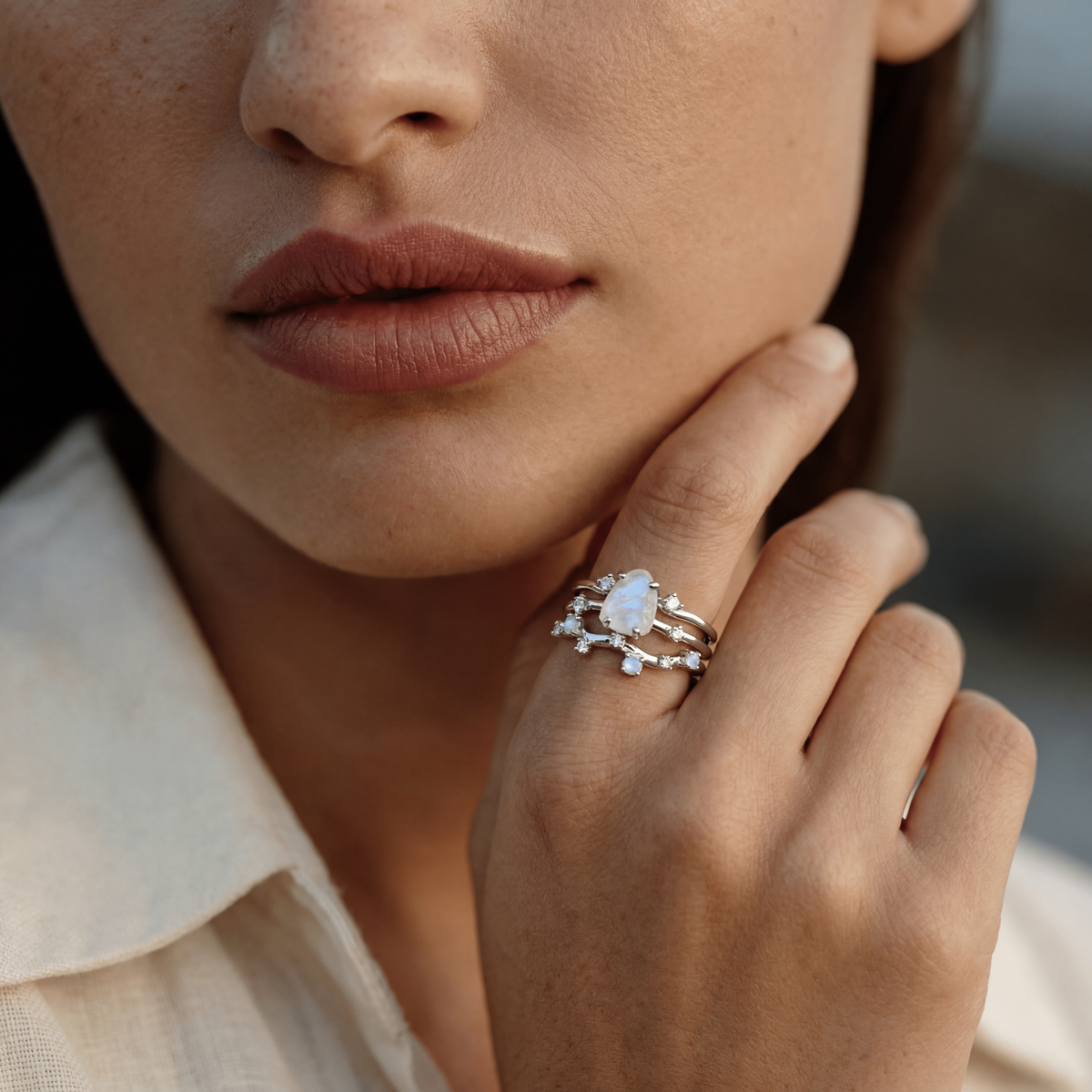 Moonlit Moonstone Ring Set of 2 — Intuition — Modern Energy Lab product view
