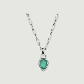 A white rhodium plated necklace shows a faceted green pear pendant beneath a polished bail on light gray.