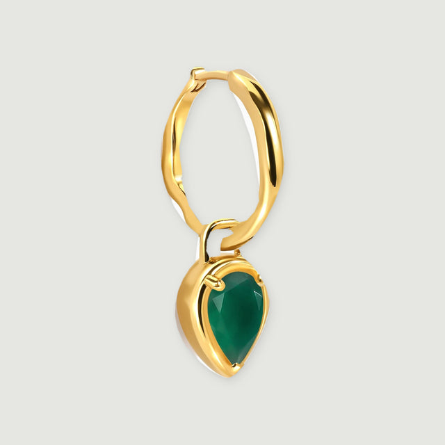An angled gold plated hoop reveals its clasp and the side of the green pear-shaped drop setting.