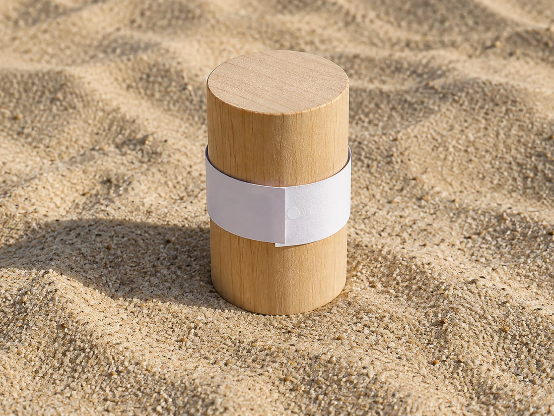 Natural window light illuminates a plain paper strip wrapped around a neutral wooden cylinder to demonstrate wrist circumference.