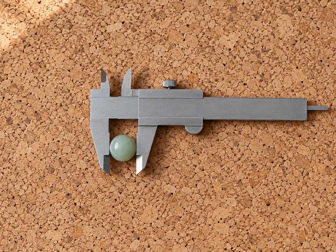 Natural window light illuminates one loose jade bead between the jaws of an unmarked mechanical caliper.