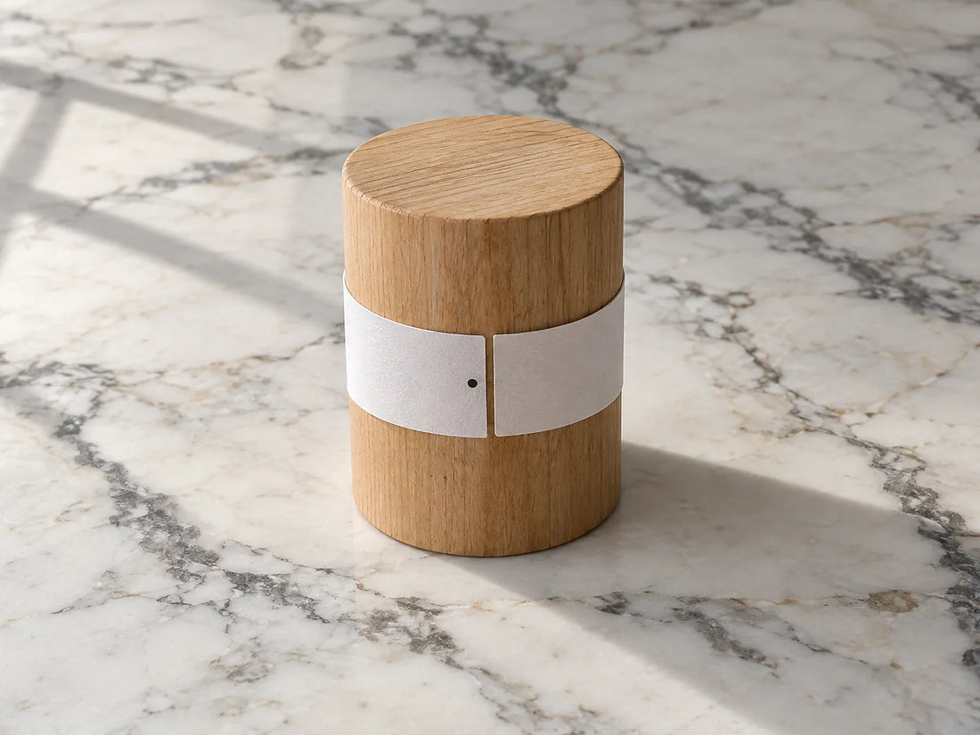 Natural window light illuminates a plain paper measurement loop around a wooden cylinder with a visible small ease gap.