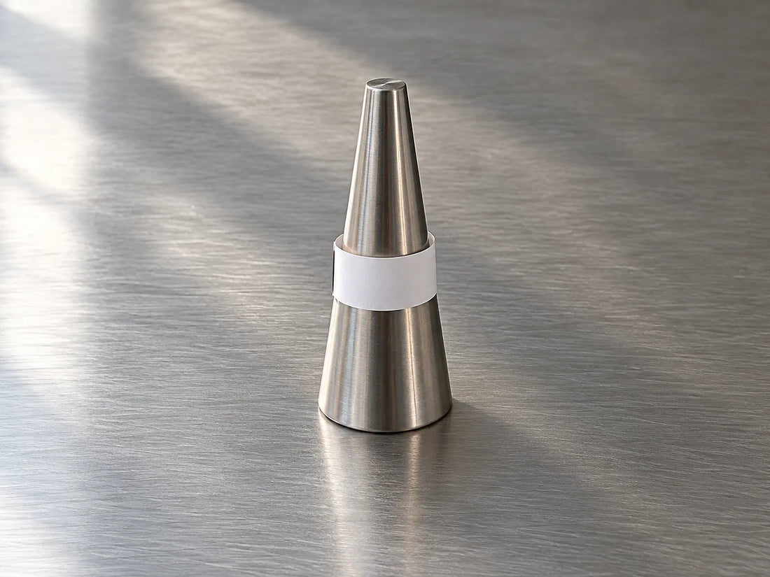 Natural window light illuminates a blank paper sizing loop around an unmarked metal sizing cone.