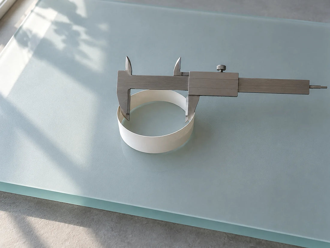 Natural window light illuminates a mechanical caliper measuring across the inside of a plain paper sizing loop, not a metal ring.